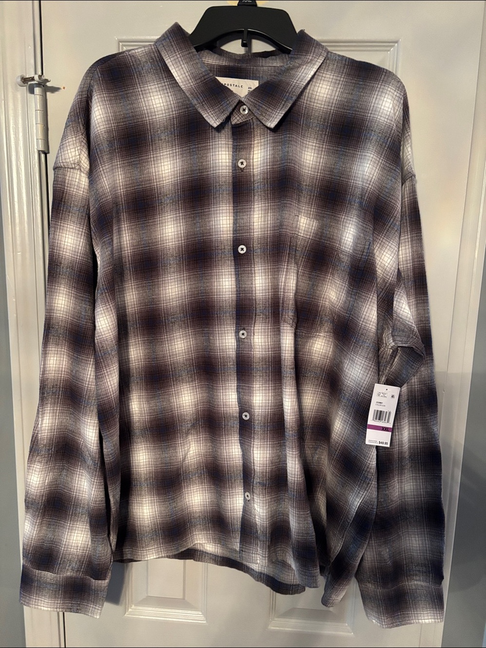 Aeropostale Brown Gray White Blue Plaid Button-Up Boxy Fit Flannel Shirt NWT